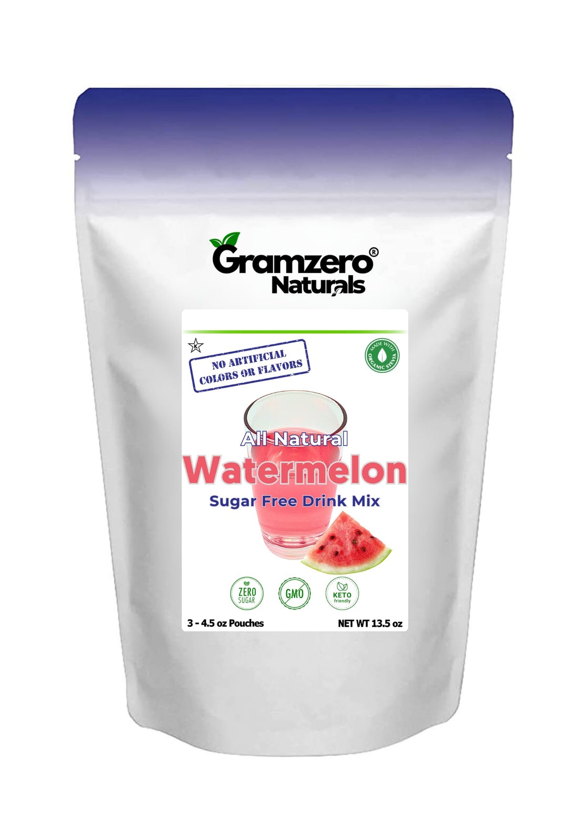 GramZero Watermelon Zero Calorie Drink Mix bottle showcases natural colors for a clean, refreshing option.