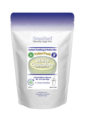 GramZero White Chocolate Pudding Mix pouch on packaging, sugar-free stevia-sweetened dessert option.