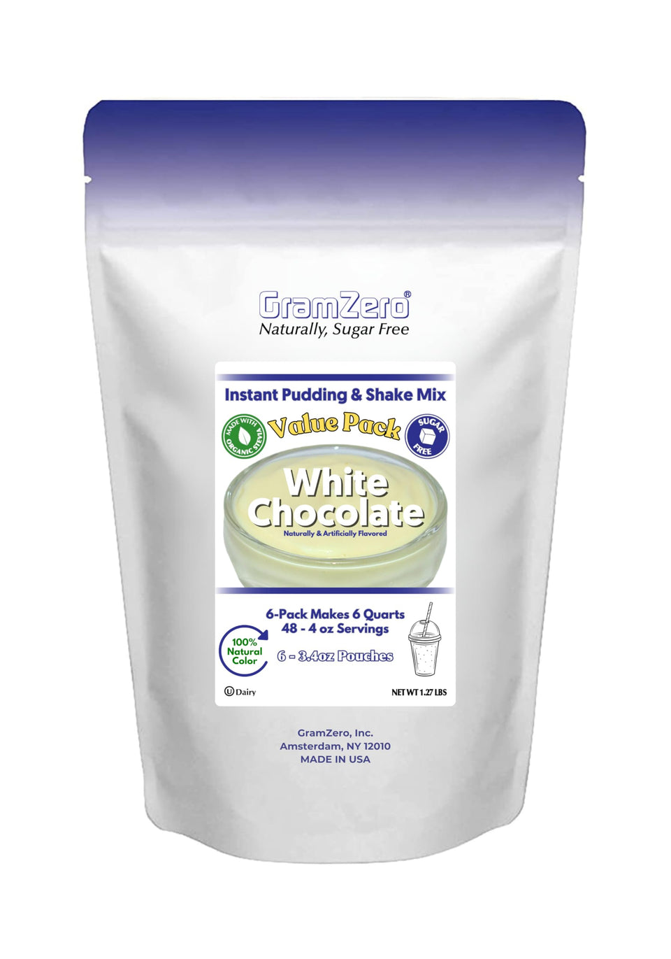 GramZero White Chocolate Pudding Mix pouch on packaging, sugar-free stevia-sweetened dessert option.