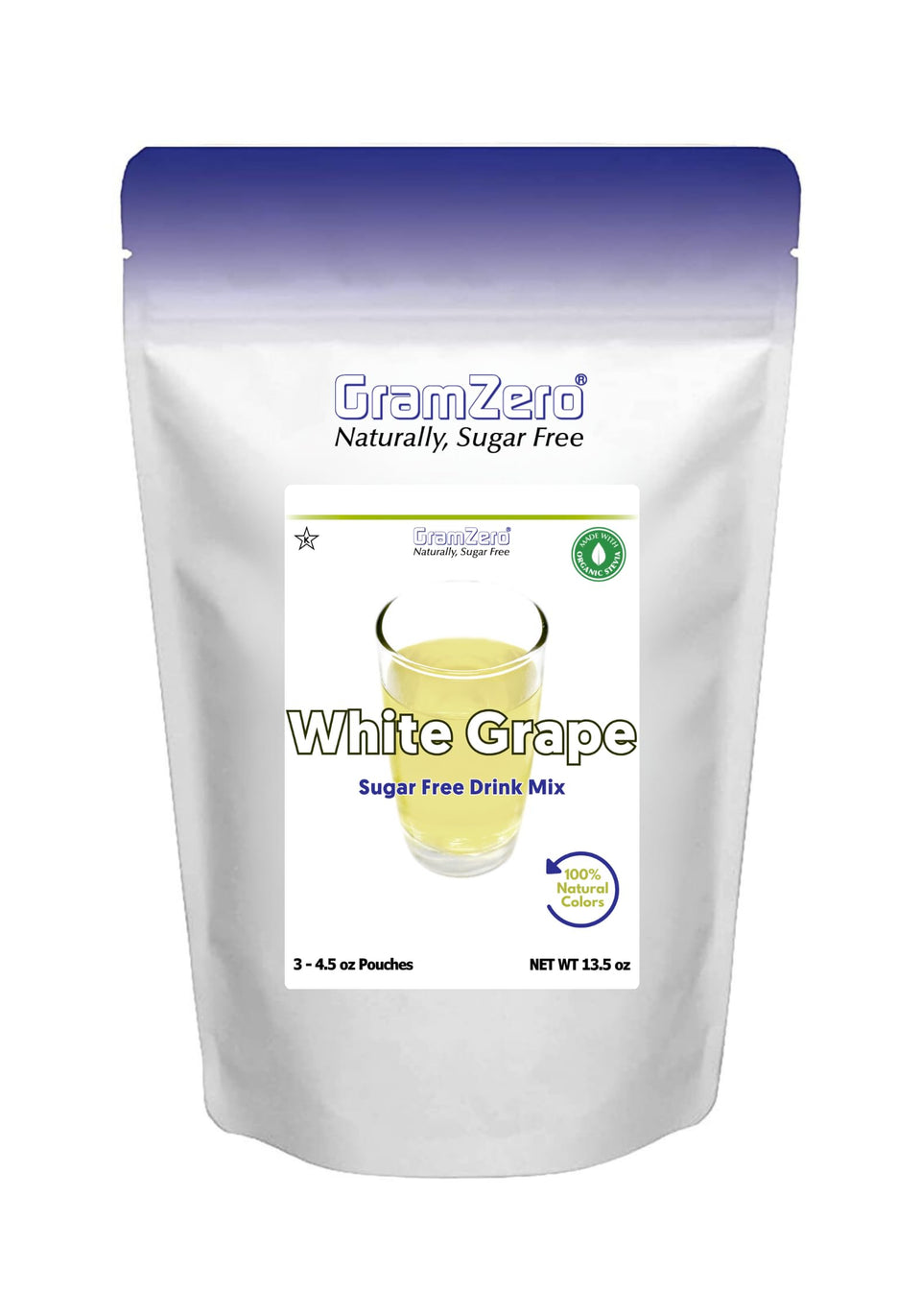 GramZero White Grape powder pouch for zero-calorie flavoring in water.