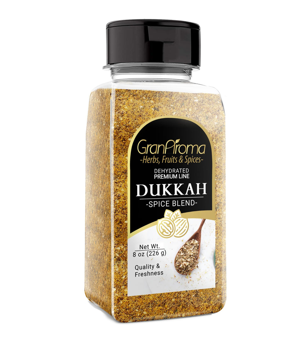GranAroma Dukkah spice blend bottle, ready to season bread and vegetables.