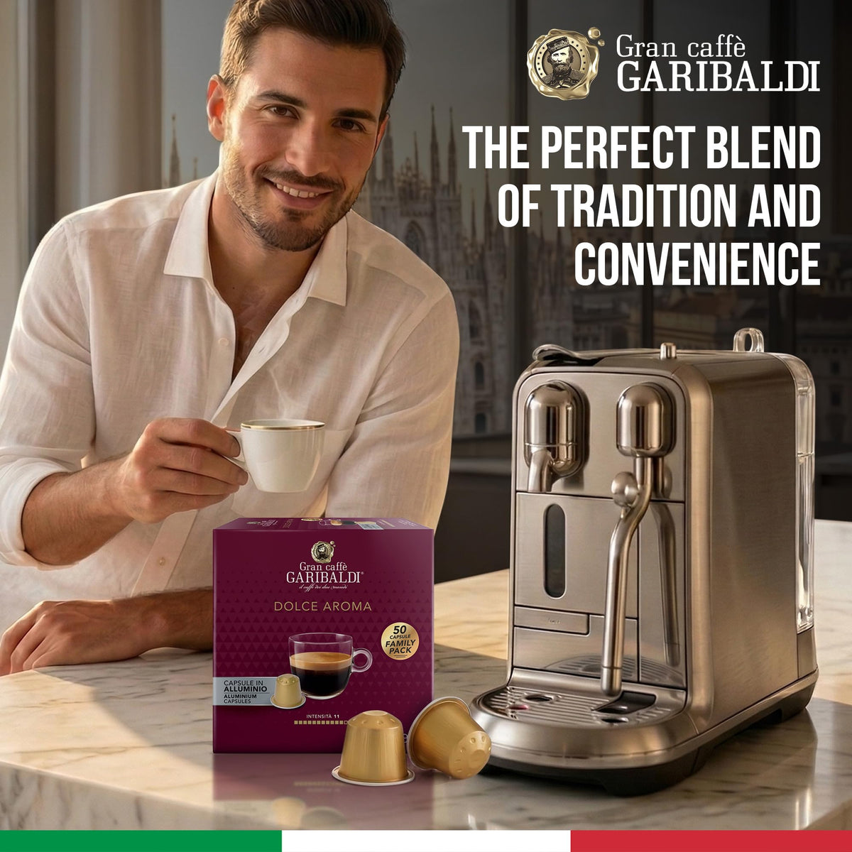 Gran Caffè Garibaldi Italian roast blend with 70% Arabica and 30% Robusta