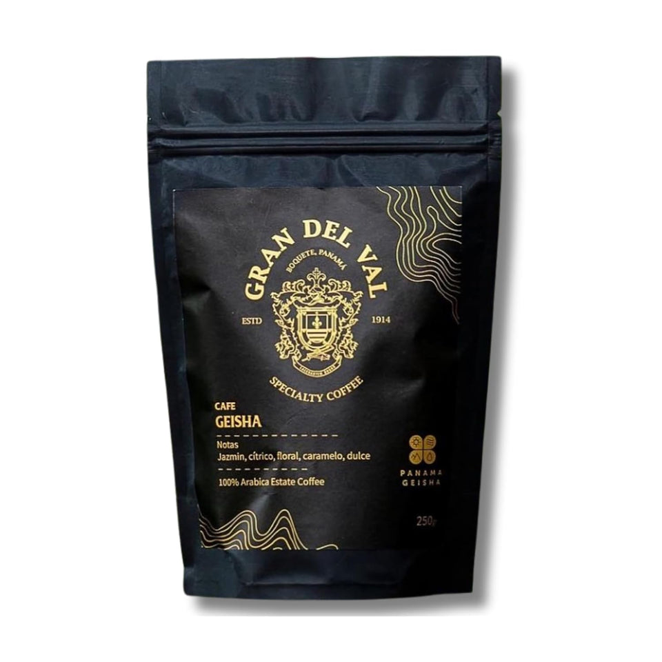 Gran Del Val Geisha coffee beans in front bag ideal for daily home brew