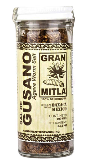 Gran Mitla Sal de Gusano jar with agave worm and salt, ideal for mezcal