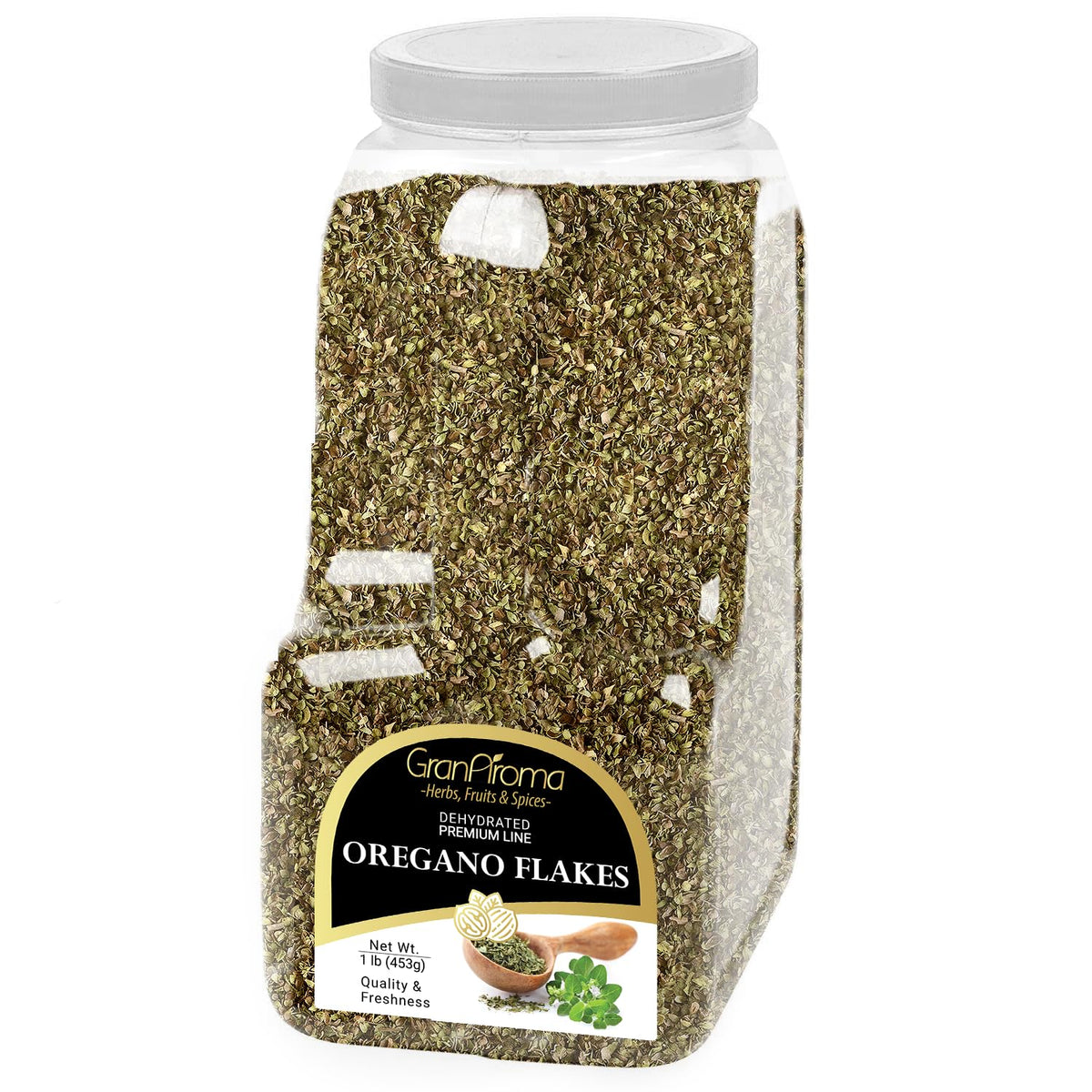 GranAroma Oregano Flakes jar ready to season pizzas with bold flavor.