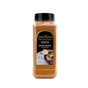 GranAroma Shawarma Spice Blend jar on kitchen counter ready to flavor meals.