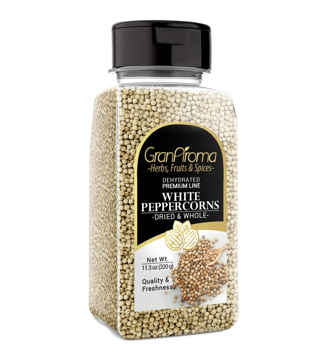 GranAroma white peppercorns shaker jar on kitchen counter for sauces and soups.