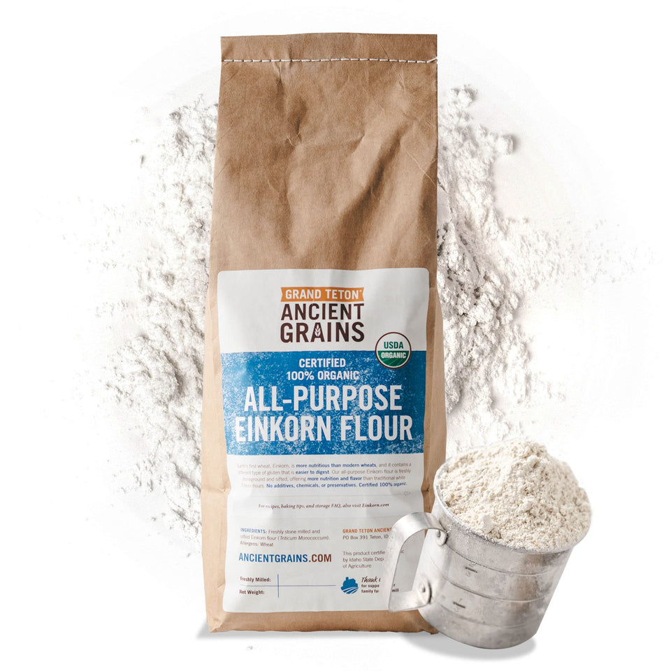 Grand Teton Ancient Grains einkorn flour bag, nutrient-rich all-purpose flour for baking.