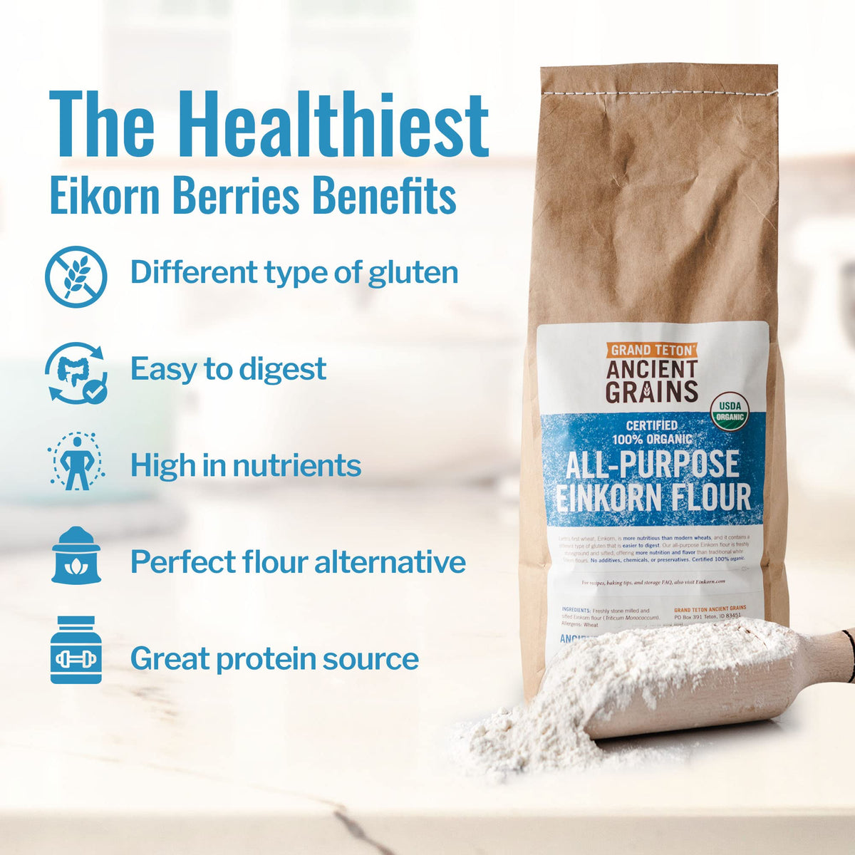 Grand Teton einkorn flour packaging highlighting organic, non-GMO certification.