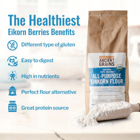 Grand Teton einkorn flour packaging highlighting organic, non-GMO certification.
