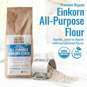 Grand Teton einkorn flour being poured, easy to measure for recipes.