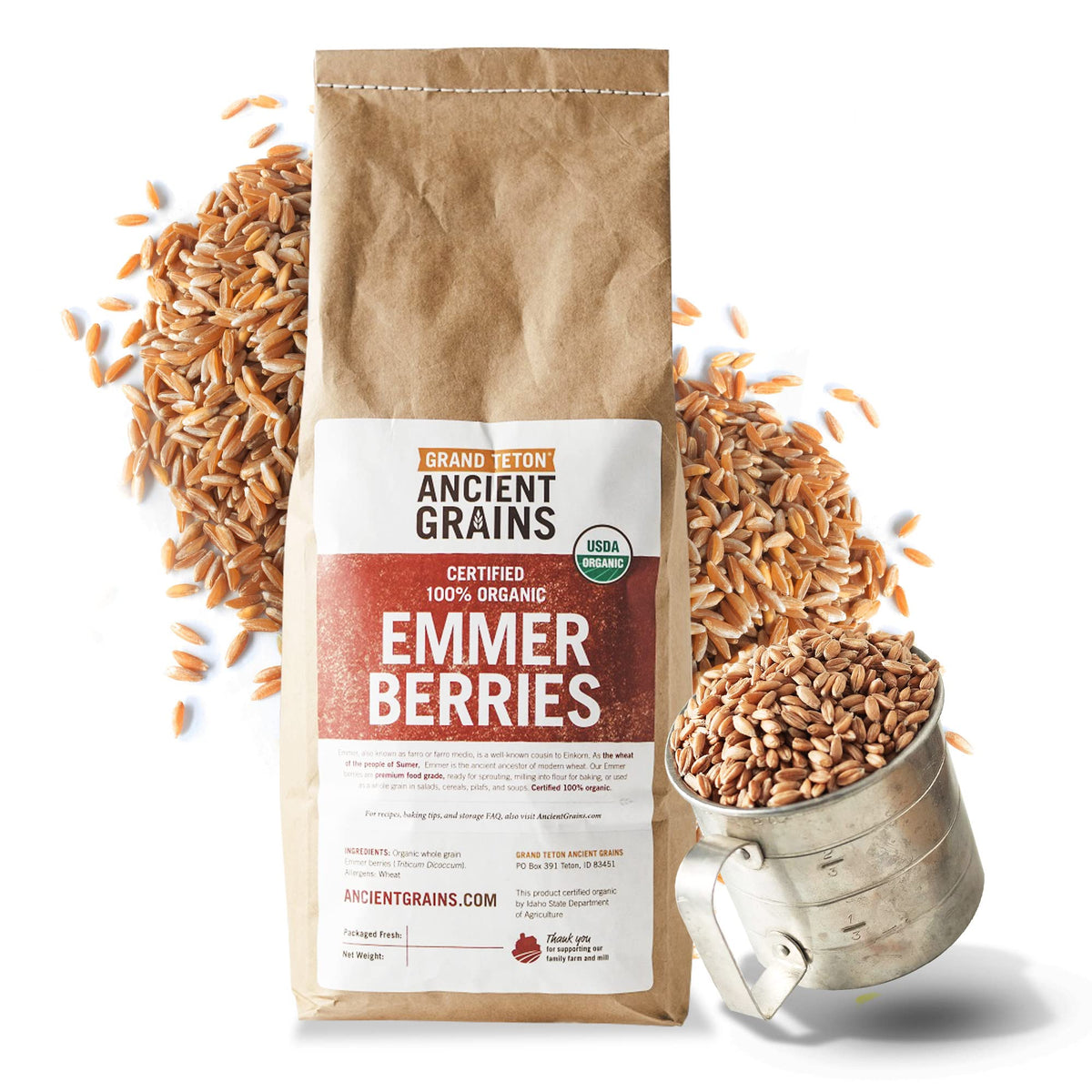 Grand Teton Emmer Wheat Berries 5lb bag – ideal for baking and milling at home.