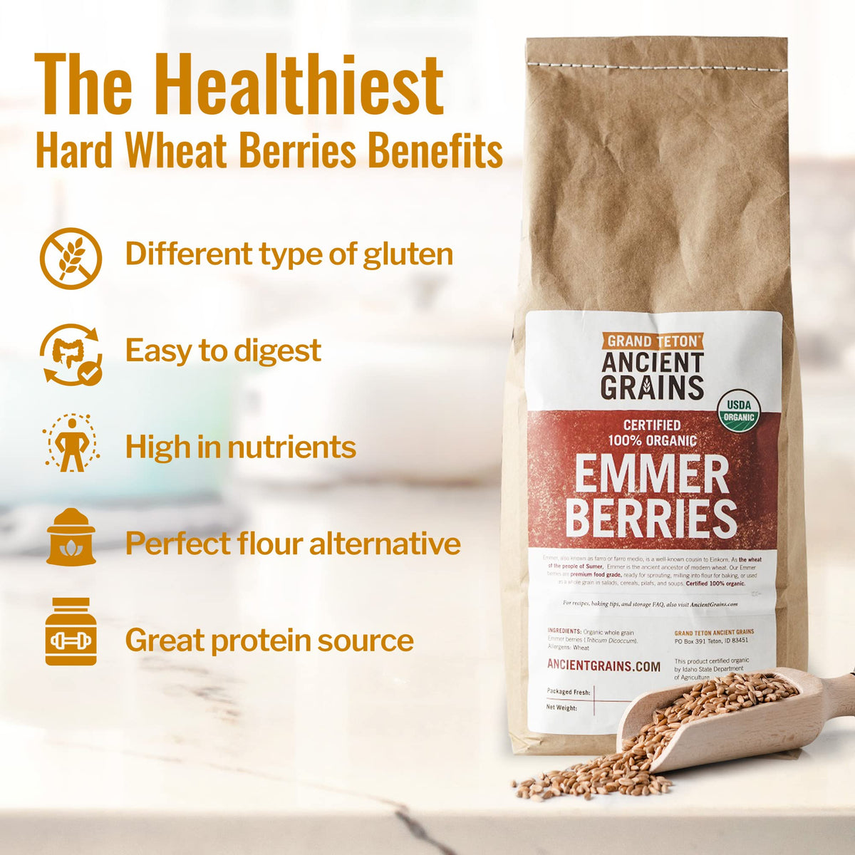Grand Teton Emmer Wheat Berries for baking – mild nutty flavor in recipes.