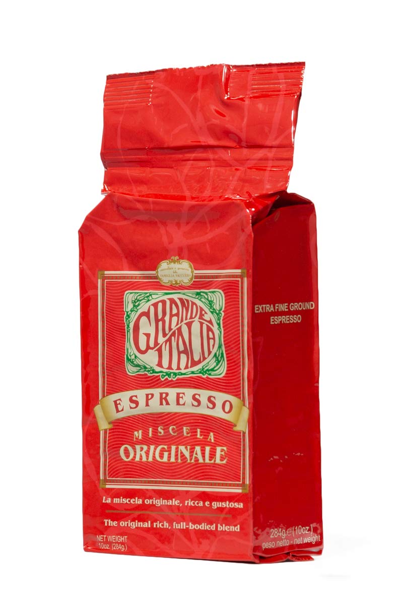 Grande Italia Espresso Ground 10oz packaging showing premium artisan roast for home brewing.
