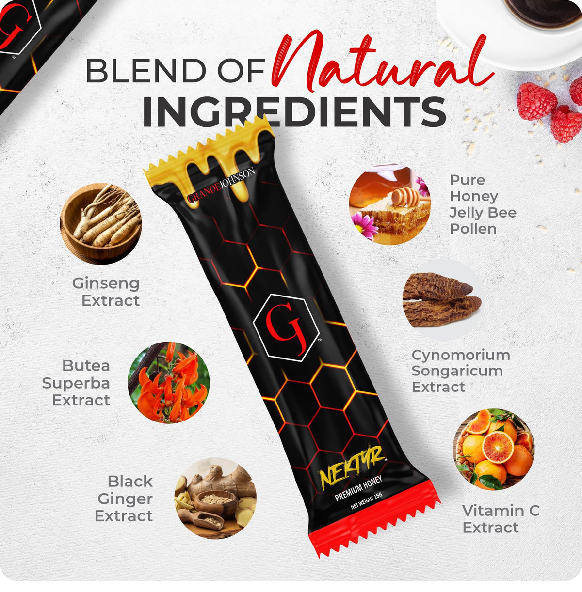 Ginseng and black ginger extract bottle beside Nektyr honey