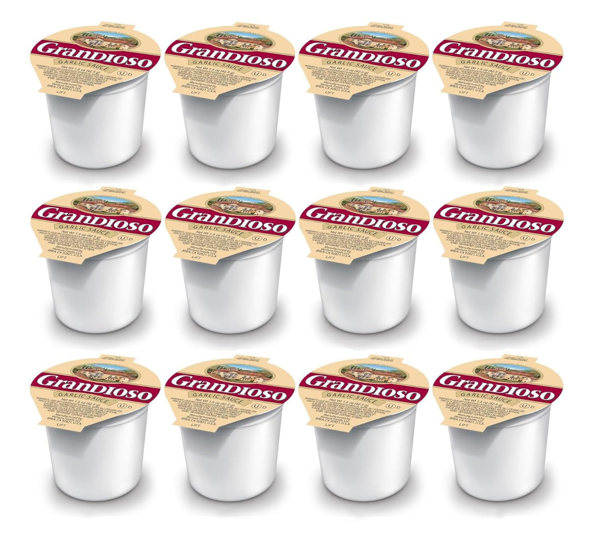 Grandioso garlic dipping sauce cup beside pizza slices for easy dipping