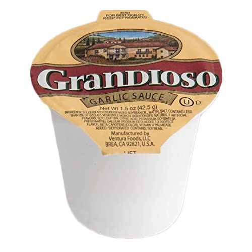 Grandioso garlic sauce cup with pizza promotes dine-in or take-out use