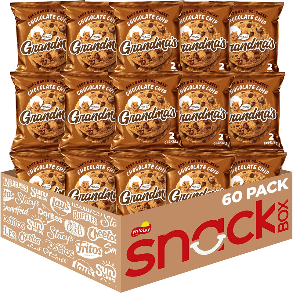 Grandma's Chocolate Chip Cookies bulk 60-pack, 2.5 oz portions for convenient snacking.