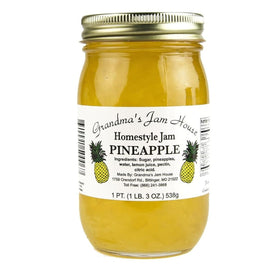 Grandma's Jam House homestyle pineapple jam jar, showcasing simple ingredients and fresh fruit flavor.