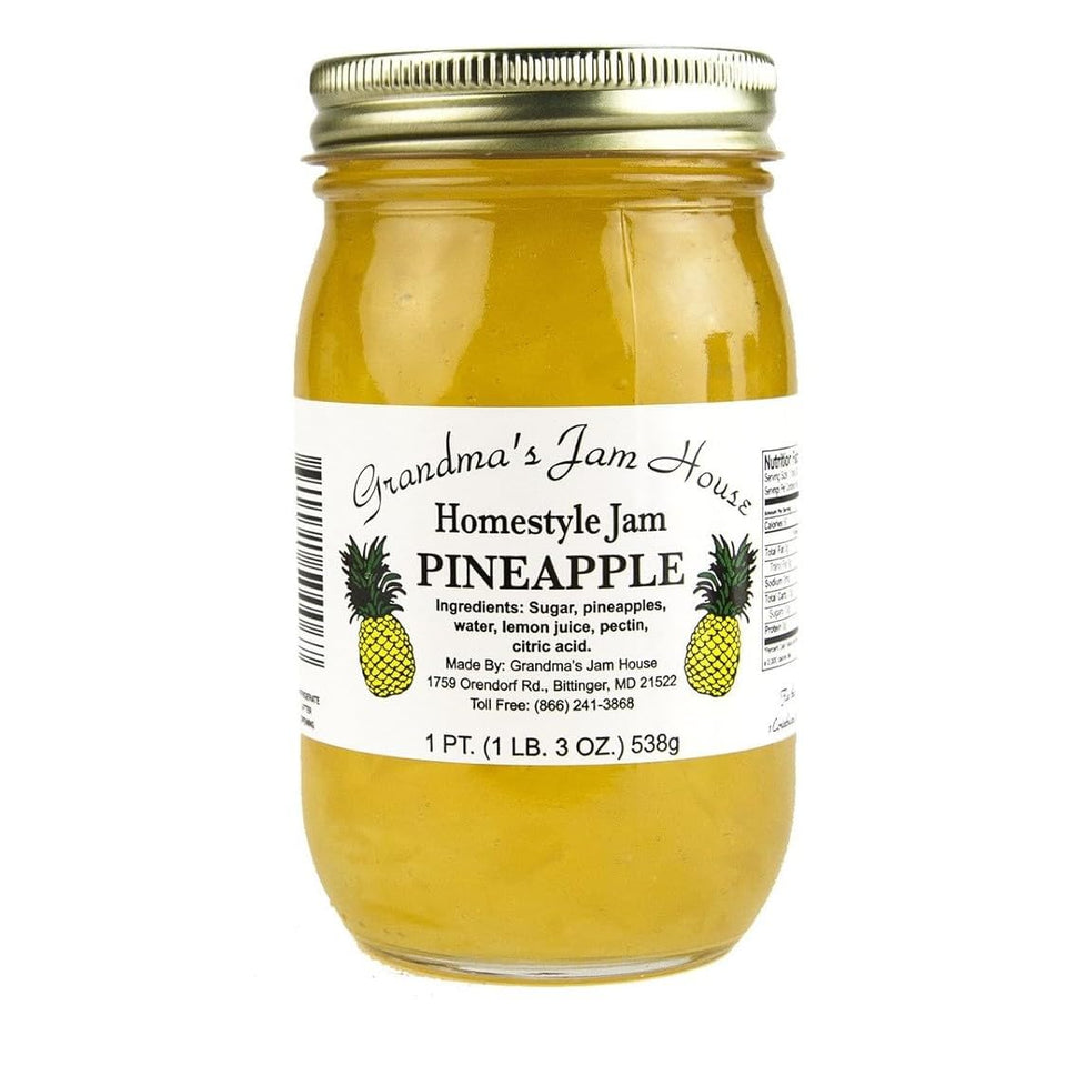 Grandma's Jam House homestyle pineapple jam jar, showcasing simple ingredients and fresh fruit flavor.