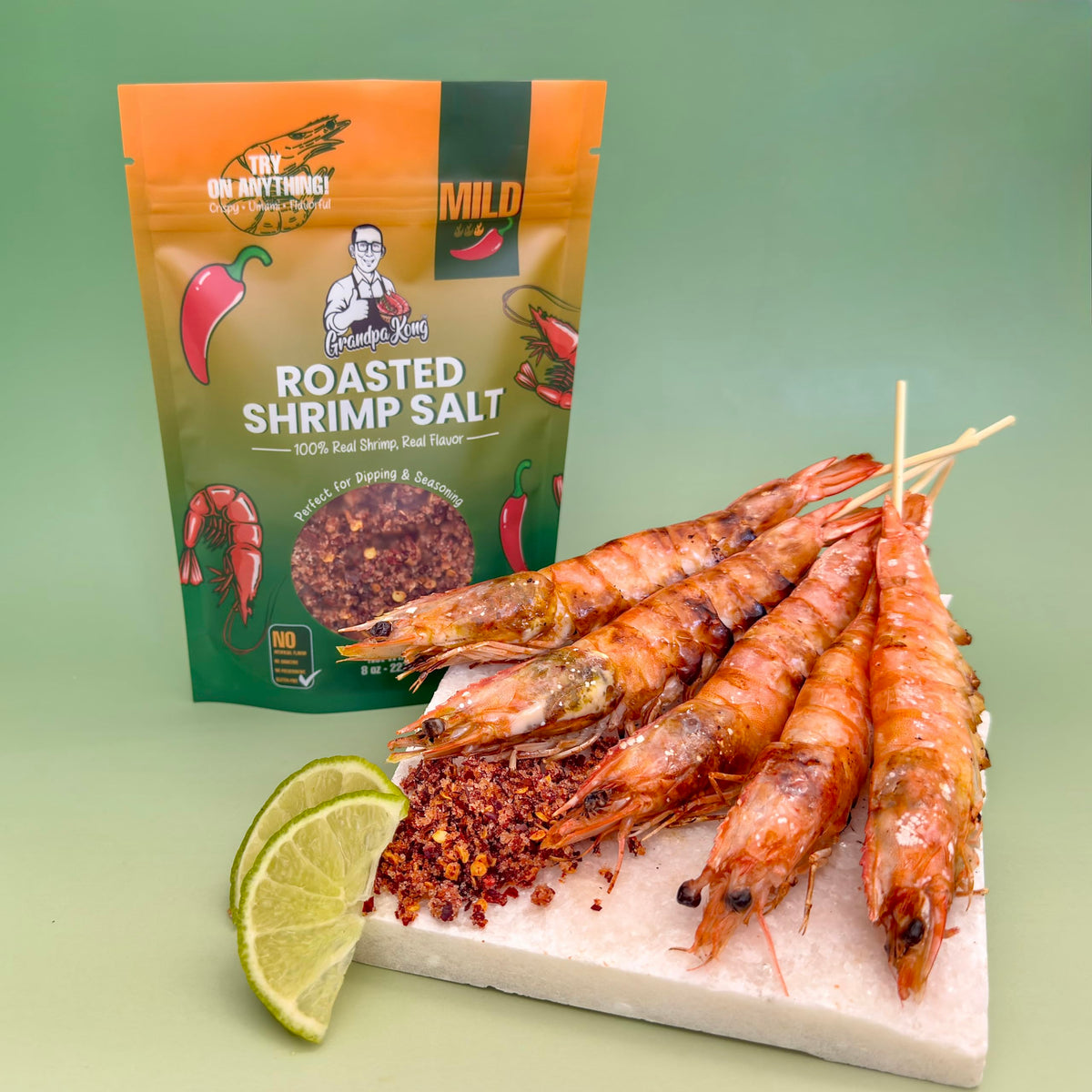 Grandpa Kong Roasted Shrimp Salt Mild on fruit dipping for savory-sweet balance.