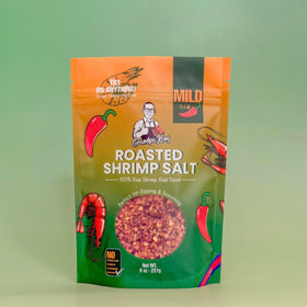 Grandpa Kong Roasted Shrimp Salt Mild on popcorn and nuts for savory crunch.