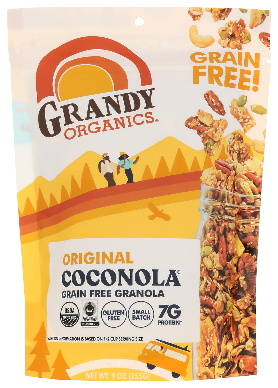 Grandy Organics Coconola grain-free granola bag, ideal for on-the-go breakfasts and crunchy snacking.