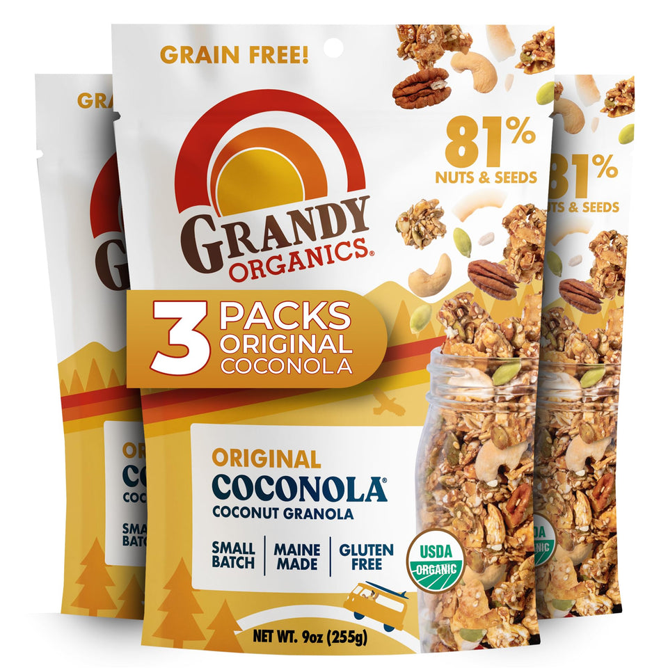 Grandy Organics Coconola Original bag close-up shows coconut granola texture for breakfast