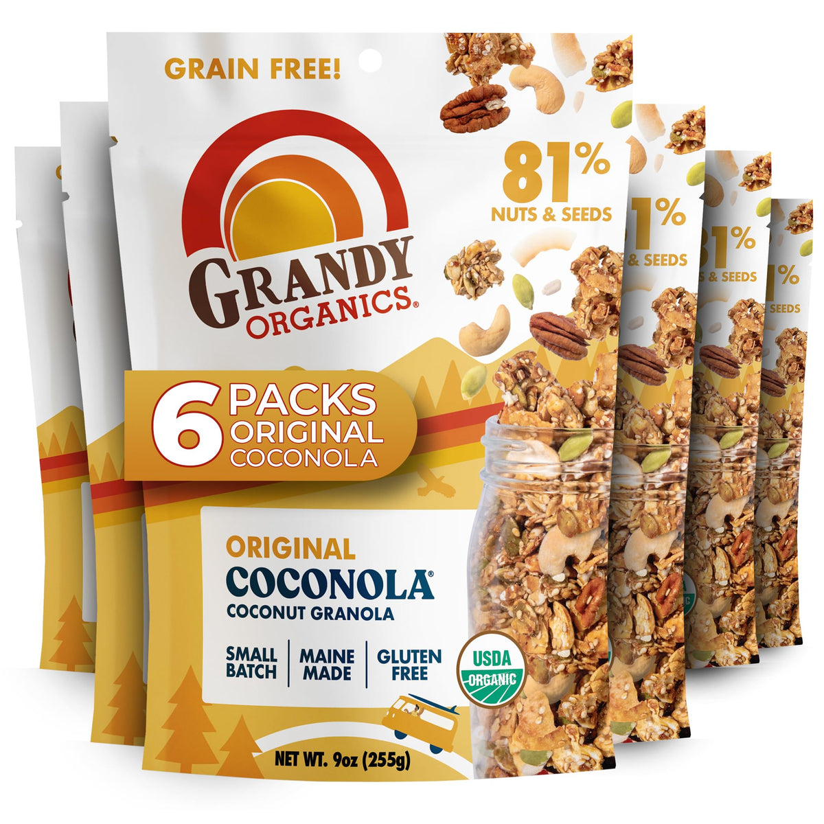 Grandy Organics Original Coconola bag front showing organic packaging for on-the-go snacking