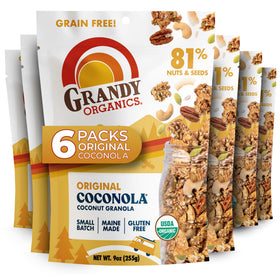 Grandy Organics Original Coconola bag front showing organic packaging for on-the-go snacking