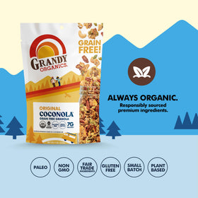 Grandy Organics Original Coconola six-pack display highlights convenient snack packs