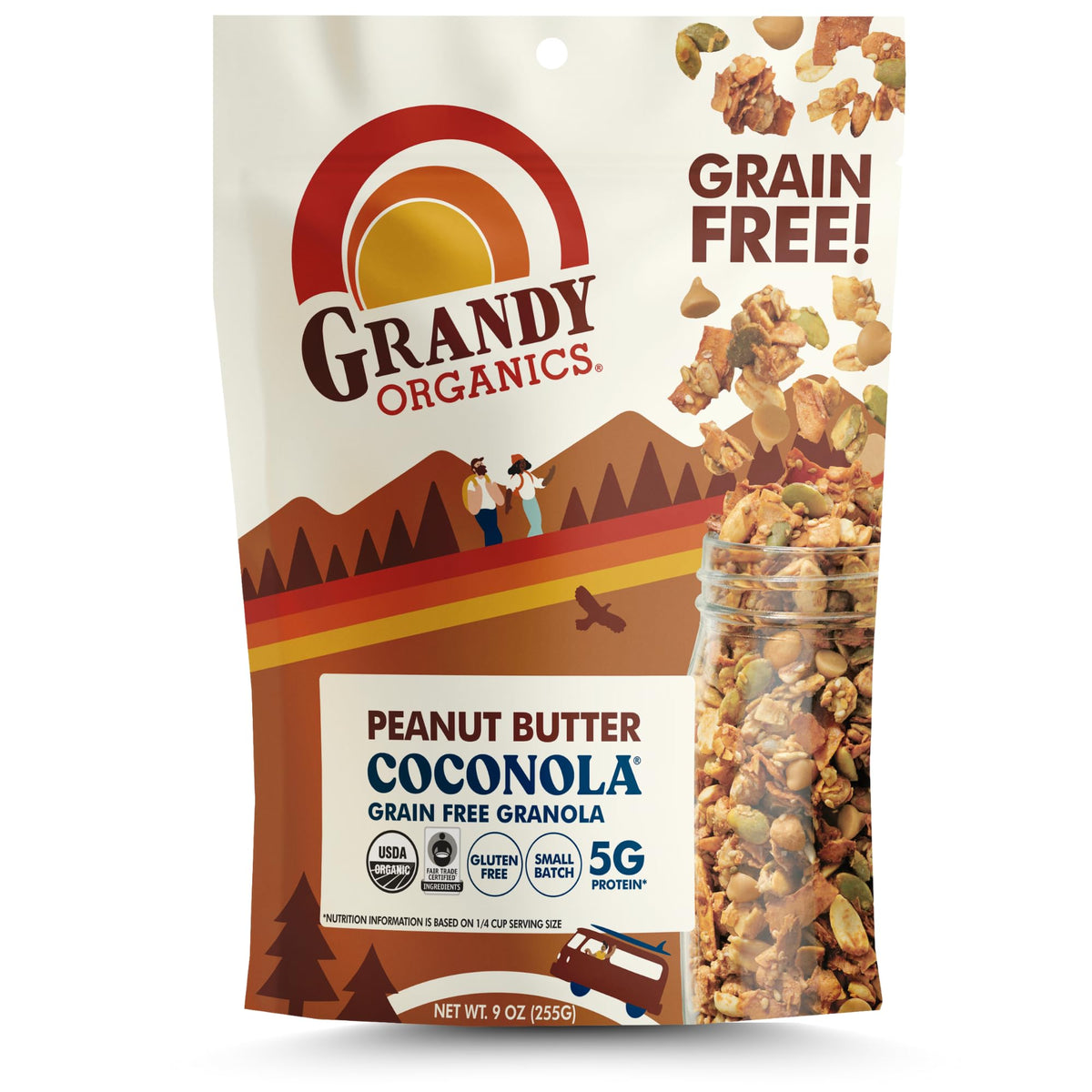 Grandy Organics Coconola Peanut Butter jar showing organic ingredients for a healthy snack