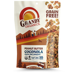 Grandy Organics Coconola Peanut Butter jar showing organic ingredients for a healthy snack