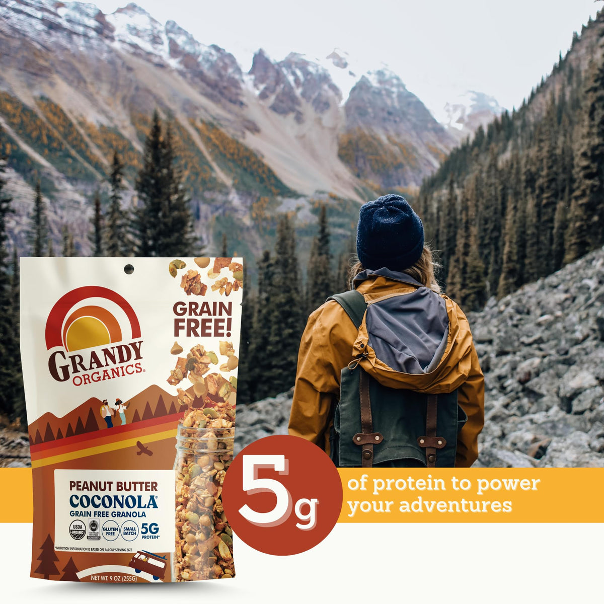 Grandy Organics Coconola peanut butter with spoon demonstrating smooth, versatile spread