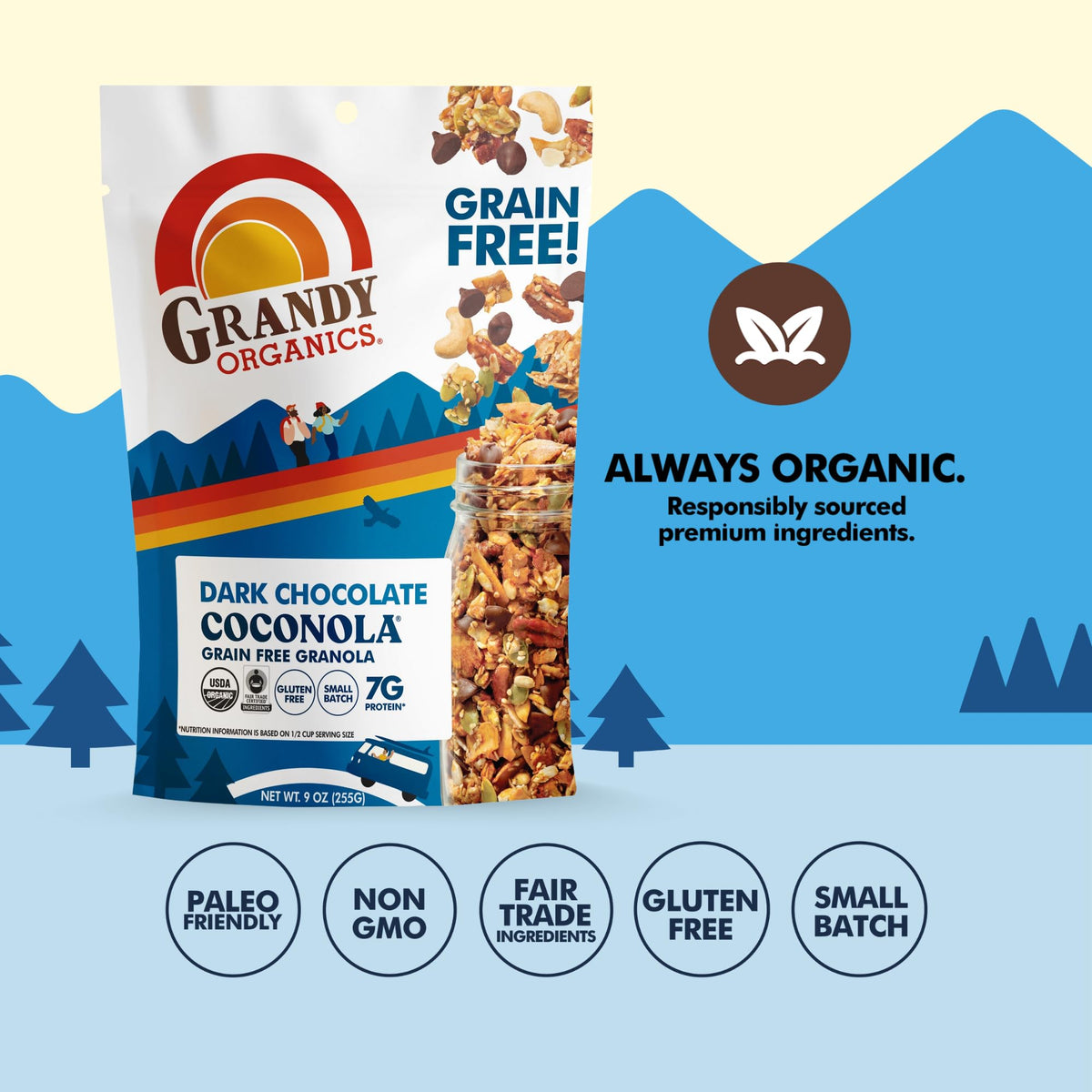 Grandy Organics Dark Chocolate Coconola bowl with yogurt for breakfast or snack