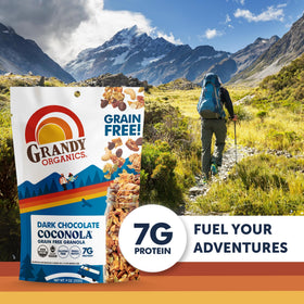 Grandy Organics Dark Chocolate Coconola serving with milk as a wholesome start