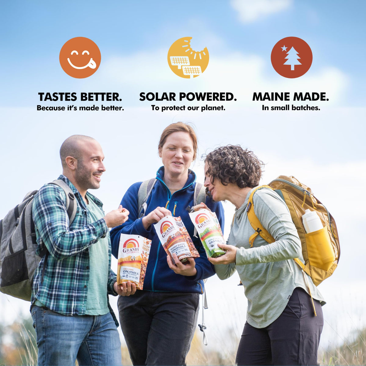 Grandy Organics Dark Chocolate Coconola granola on a camping trip in a resealable pouch