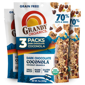 Grandy Organics Dark Chocolate Coconola packaging in a three-pack for on-the-go snacking