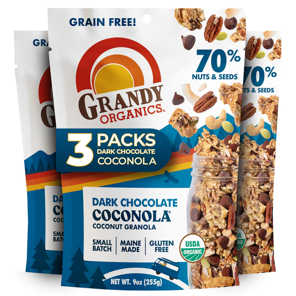 Grandy Organics Dark Chocolate Coconola packaging in a three-pack for on-the-go snacking