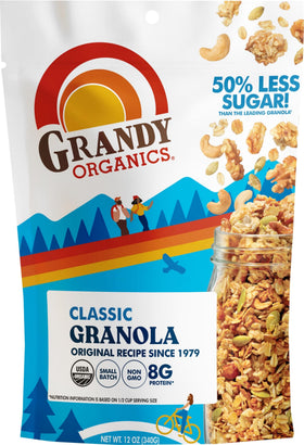 Grandy Oats Granola Classic 12oz bag close-up, organic snack with nuts and seeds for everyday mornings.