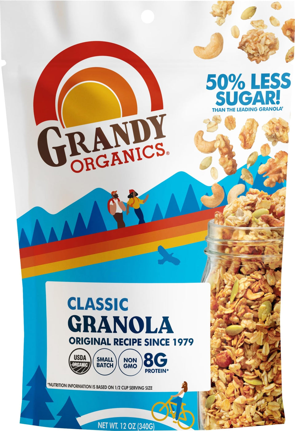 Grandy Oats Granola Classic 12oz bag close-up, organic snack with nuts and seeds for everyday mornings.