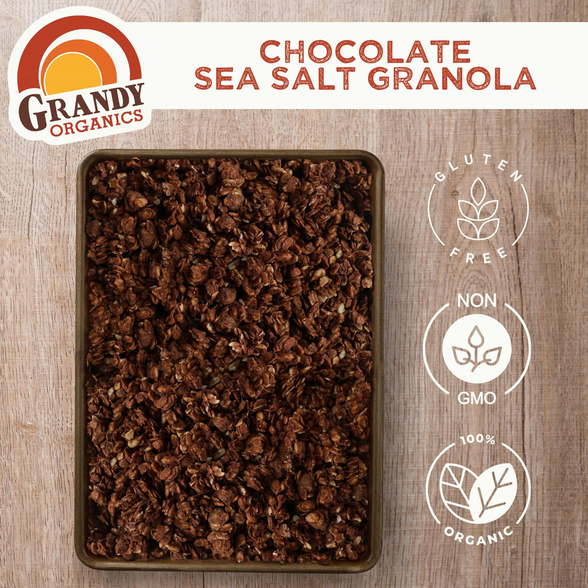 Grandy Organics granola close-up, dark chocolate pieces and oats