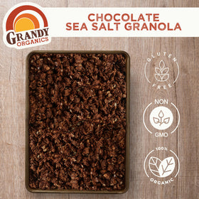 Grandy Organics granola close-up, dark chocolate pieces and oats