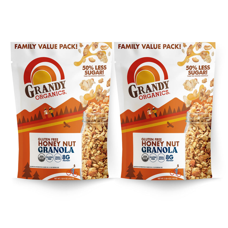 Grandy Organics Honey Nut Gluten Free Granola bag front, ideal for quick organic breakfast
