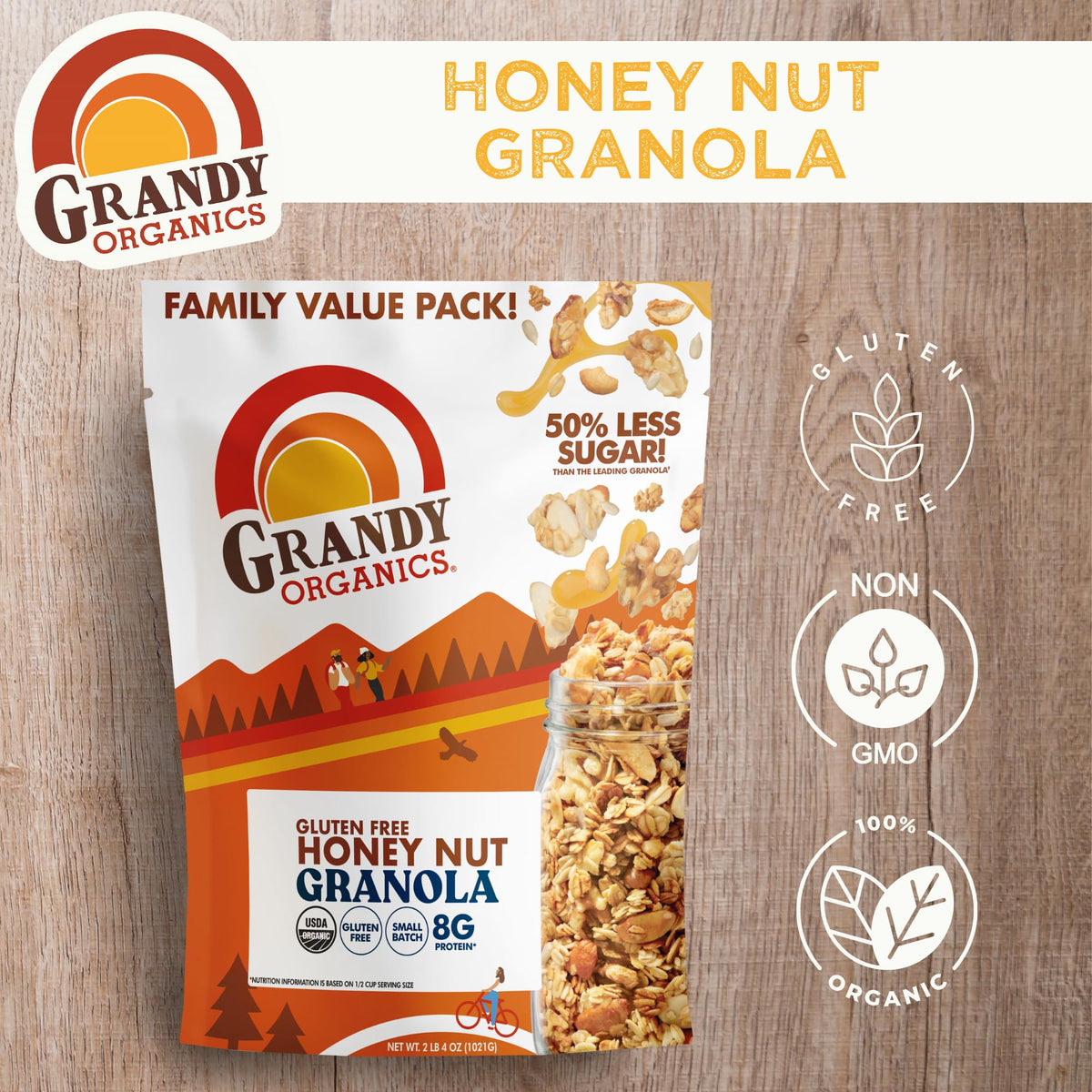 Grandy Organics Honey Nut Gluten Free Granola on desk, bulk value pack for family pantry