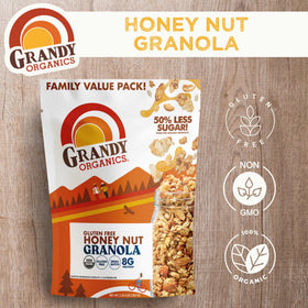 Grandy Organics Honey Nut Gluten Free Granola on desk, bulk value pack for family pantry