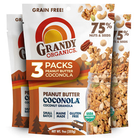 Grandy Organics Peanut Butter Coconola granola over yogurt for a protein boost
