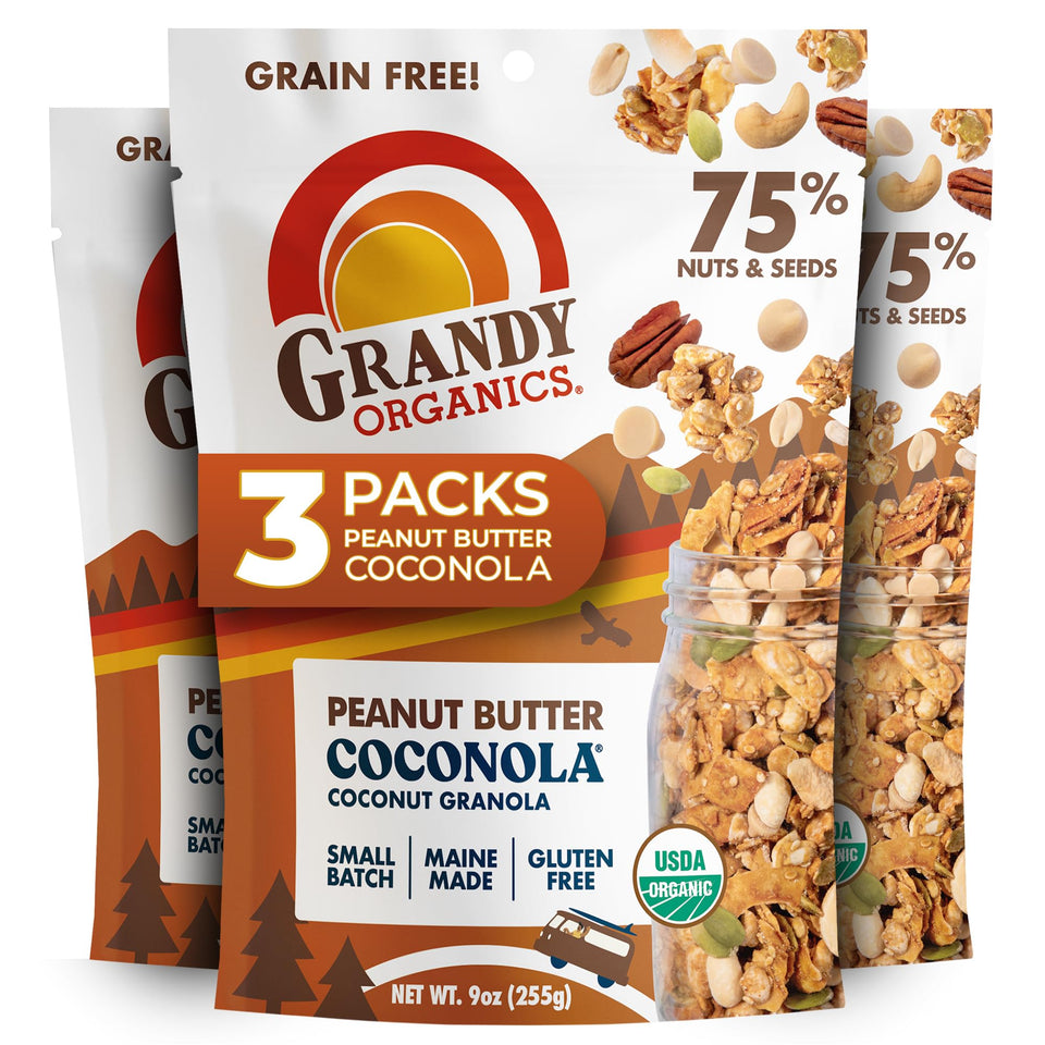 Grandy Organics Peanut Butter Coconola granola over yogurt for a protein boost