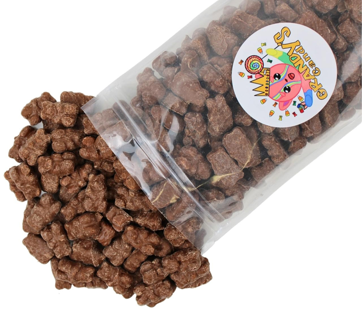 Grandys Candys milk chocolate covered gummi bears bulk 1lb bag ideal for party snacks.