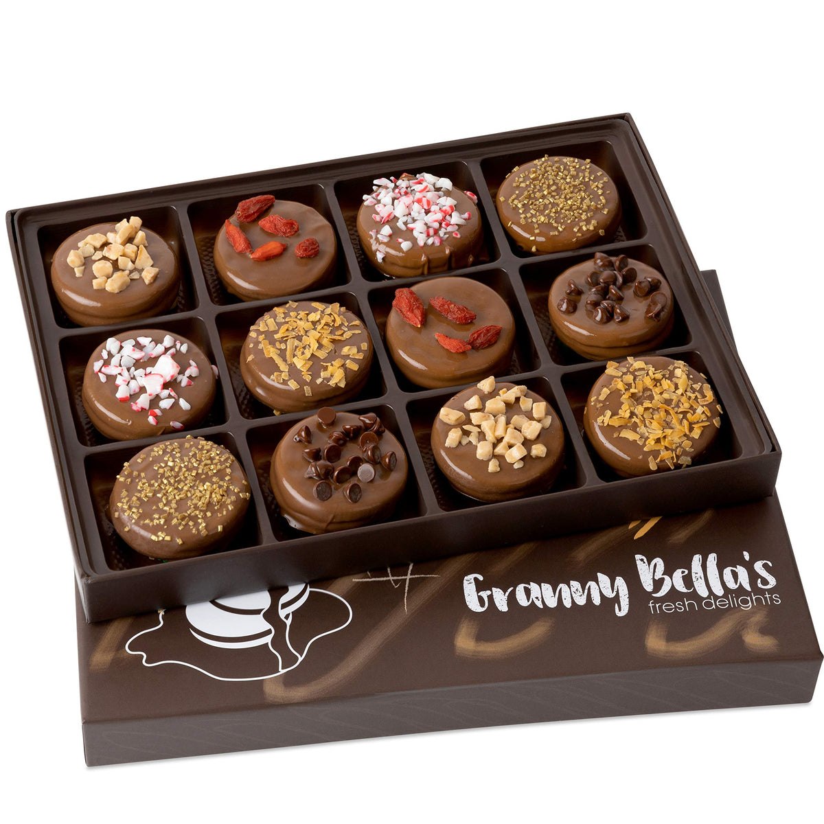Granny Bella's hand-dipped milk chocolate cookies highlight premium craftsmanship.